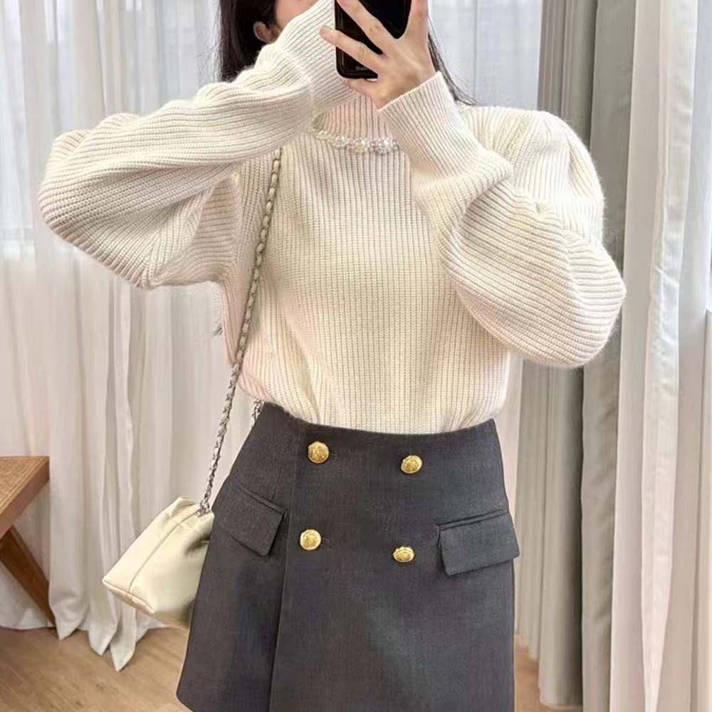 韩系名媛重工名媛镶钻钉珠圆领灯笼袖百搭针织衫毛衣女装2024