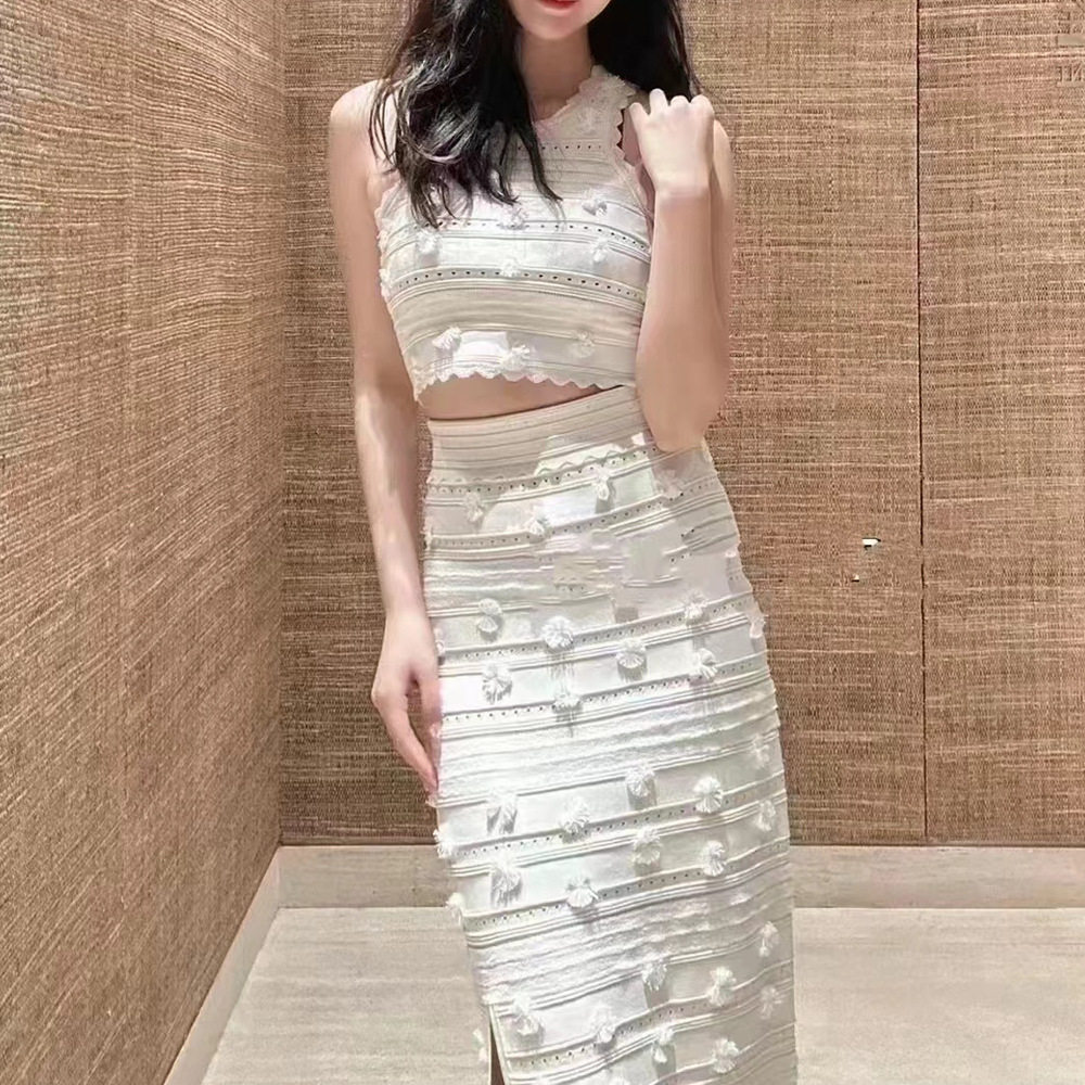S家2024夏季新款女装蕾丝花边针织衫无袖圆领背心+半身裙两件套