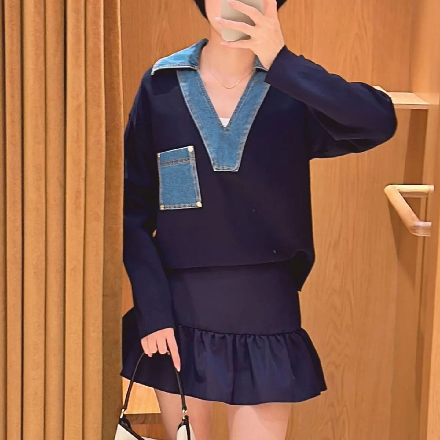 S家撞色休闲女装2025秋季新款法式设计感牛仔翻领套头针织衫上衣