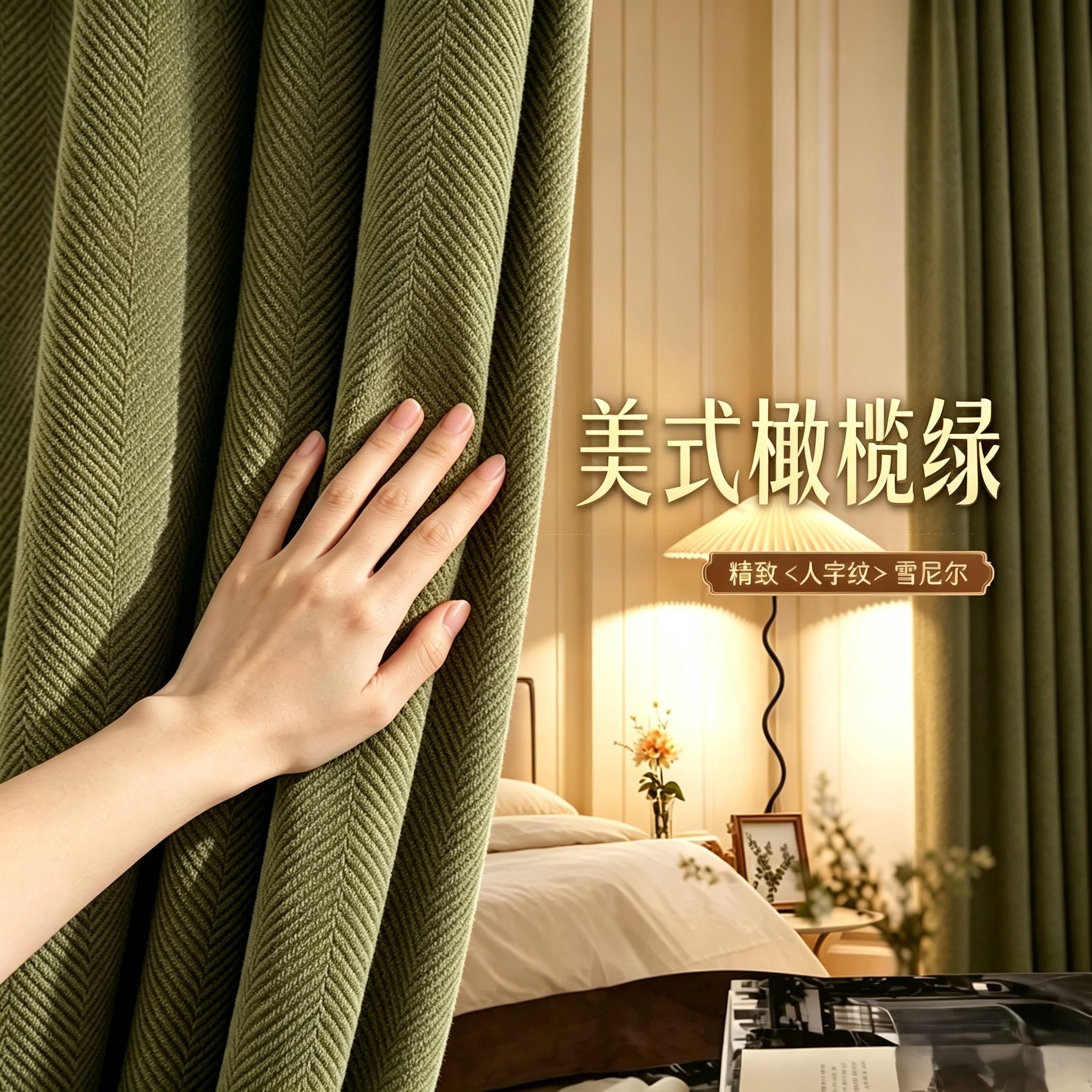 遮光窗帘2026新款橄榄绿雪尼尔防晒隔热卧室客厅人字纹成品窗帘