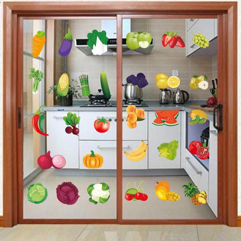 橱柜卡通装饰玻璃门冰箱门餐厅贴画厨房贴纸蔬菜墙贴瓷砖自粘图片