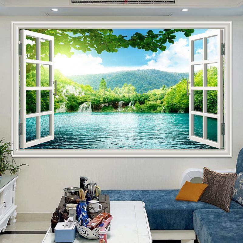 假窗户风景画沙发背景墙贴装饰画客厅房间温馨浪漫北欧3D墙纸壁画