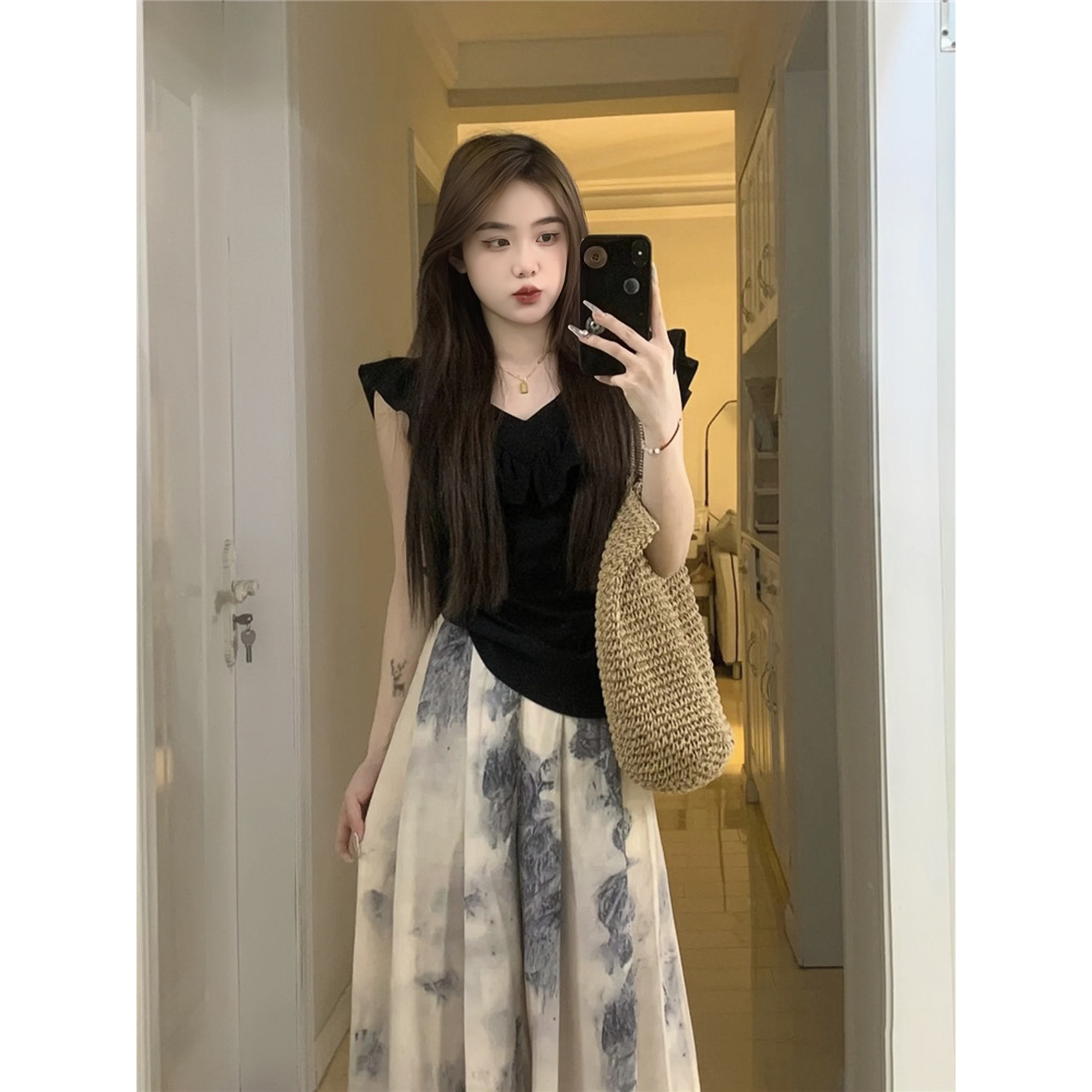 国风水墨画印花阔腿裤女高腰慵懒风显瘦休闲裙裤荷叶边上衣套装夏