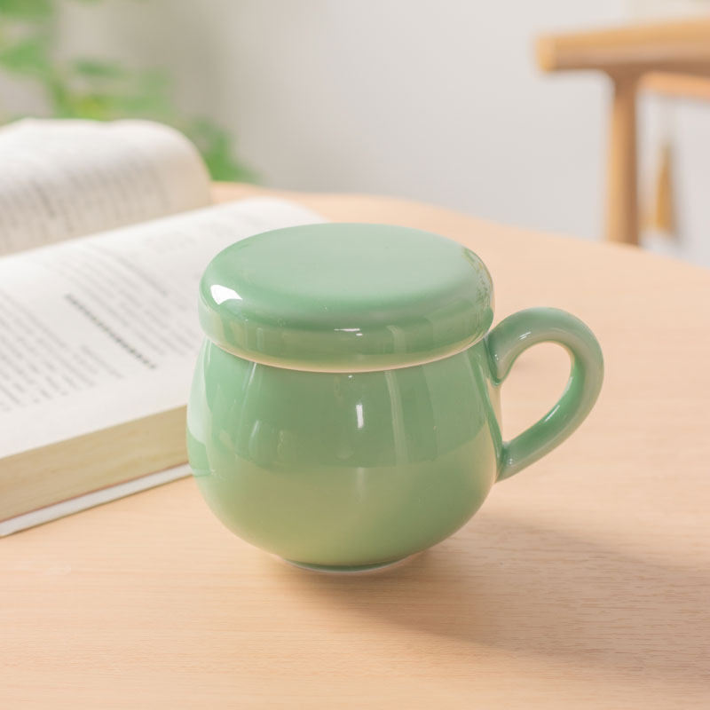高档青瓷茶杯陶瓷马克杯带盖泡茶杯子办公水杯个人专用会议杯定制
