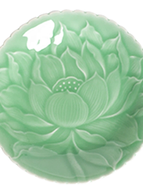 龙泉非遗青瓷高颜值莲花浮雕盘子