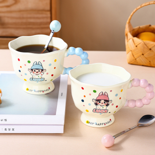 喝水杯 创意陶瓷马克杯lUCK波点花瓣杯卡通人物杯子礼物情侣同款