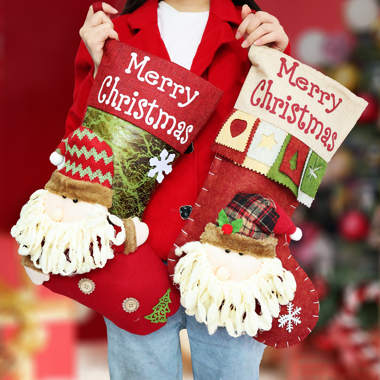 2025新款圣诞节袜子大号老人雪人苹果礼物袋儿童节日氛围装饰挂件