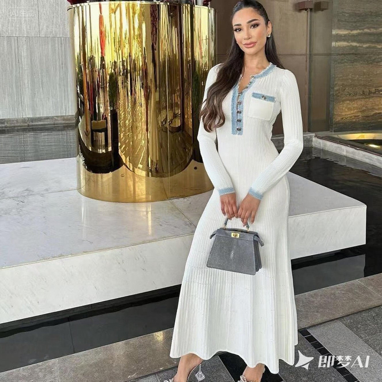maSande跨境欧美女装速卖通S家 冰丝夏季优雅针织裙长袖裙收腰连