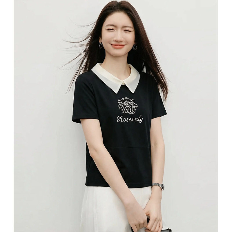 maSande休闲风撞色欧根纱娃娃领T恤女精致玫瑰刺绣宽松显瘦黑色短