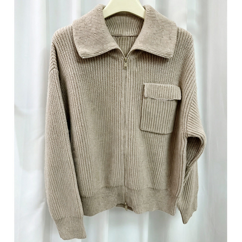 maSande半高领长袖卡其色针织开衫女2026秋冬新款山混彷百搭上衣