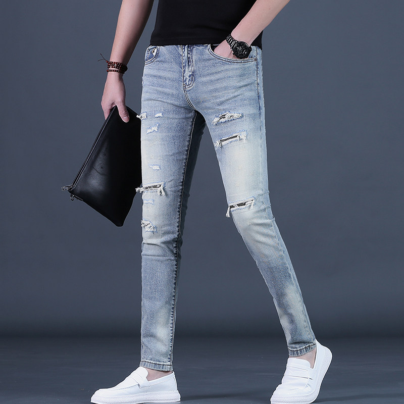 2026春夏新款牛仔裤浅色休闲长裤子破洞薄款男生百搭裤子高端男裤