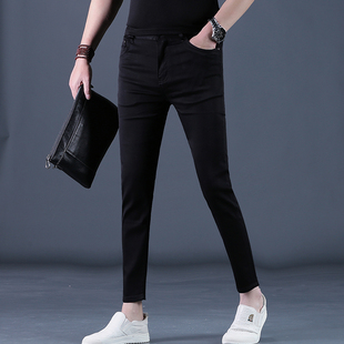 九分修身牛仔裤夏季男士黑色潮牌休闲裤子百搭弹力9分男裤薄款裤