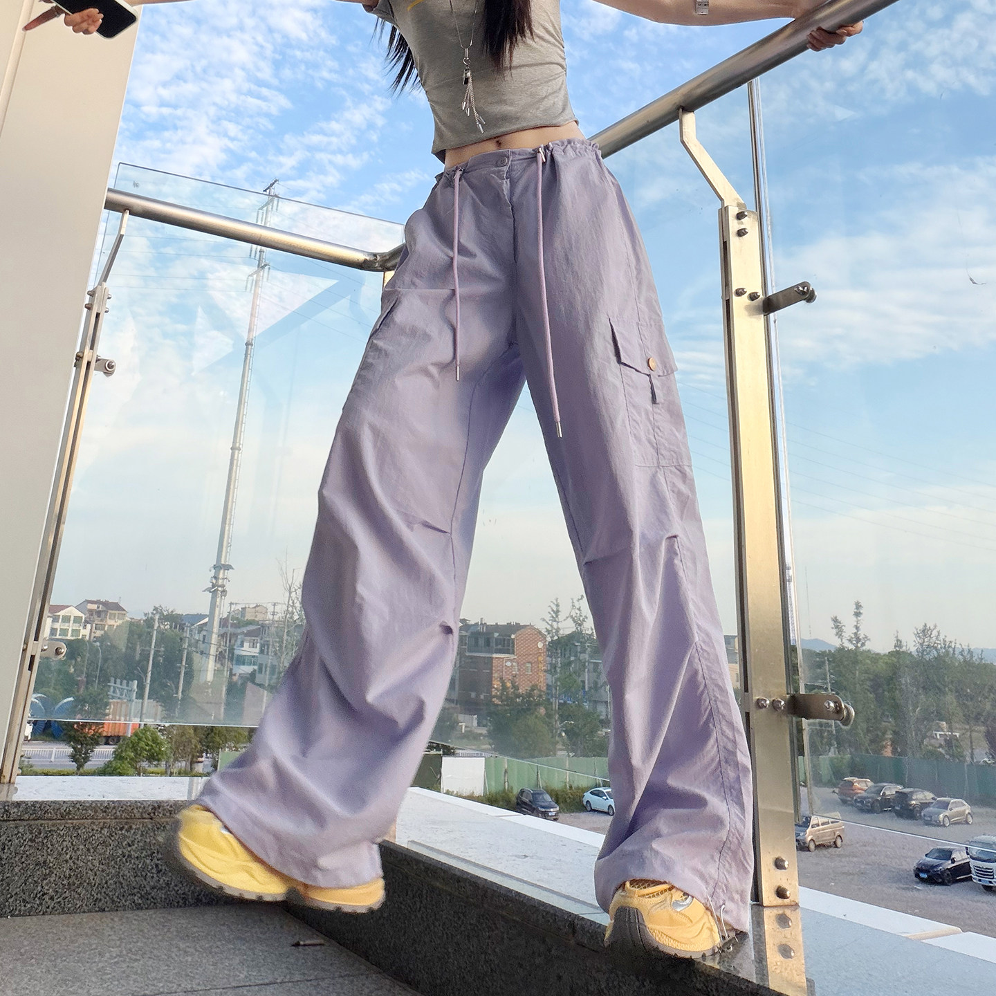 紫色工装裤女夏季2026新款防晒爵士舞蹈酷飒风速干阔腿美式运动裤