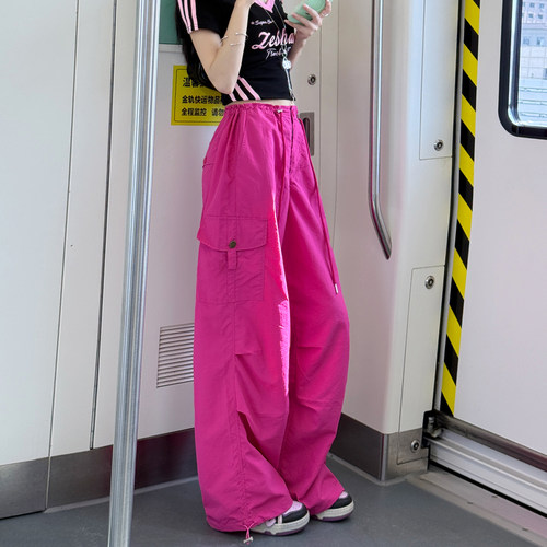 玫红色工装裤女夏2026新款美式