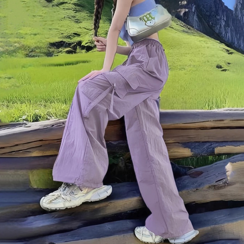 紫色工装裤女款夏季薄款2026新款美式高腰街舞裤子速干运动阔腿裤