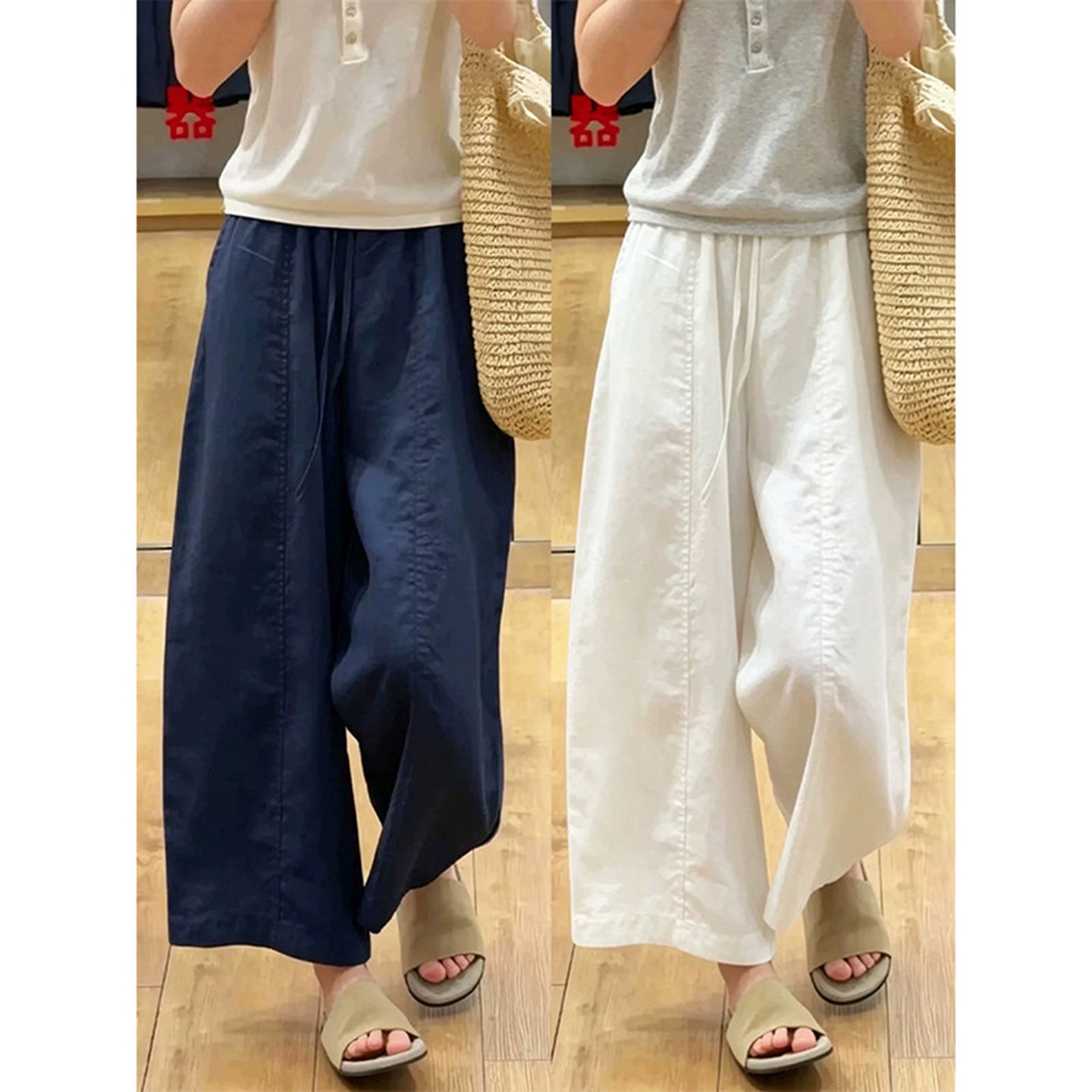亚麻九分阔腿裤女夏季薄款高腰图片