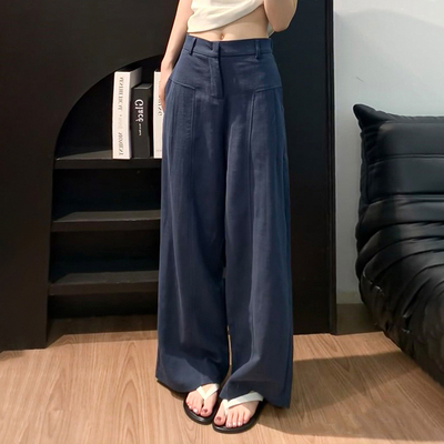 藏青色亚麻苎麻阔腿裤女夏季