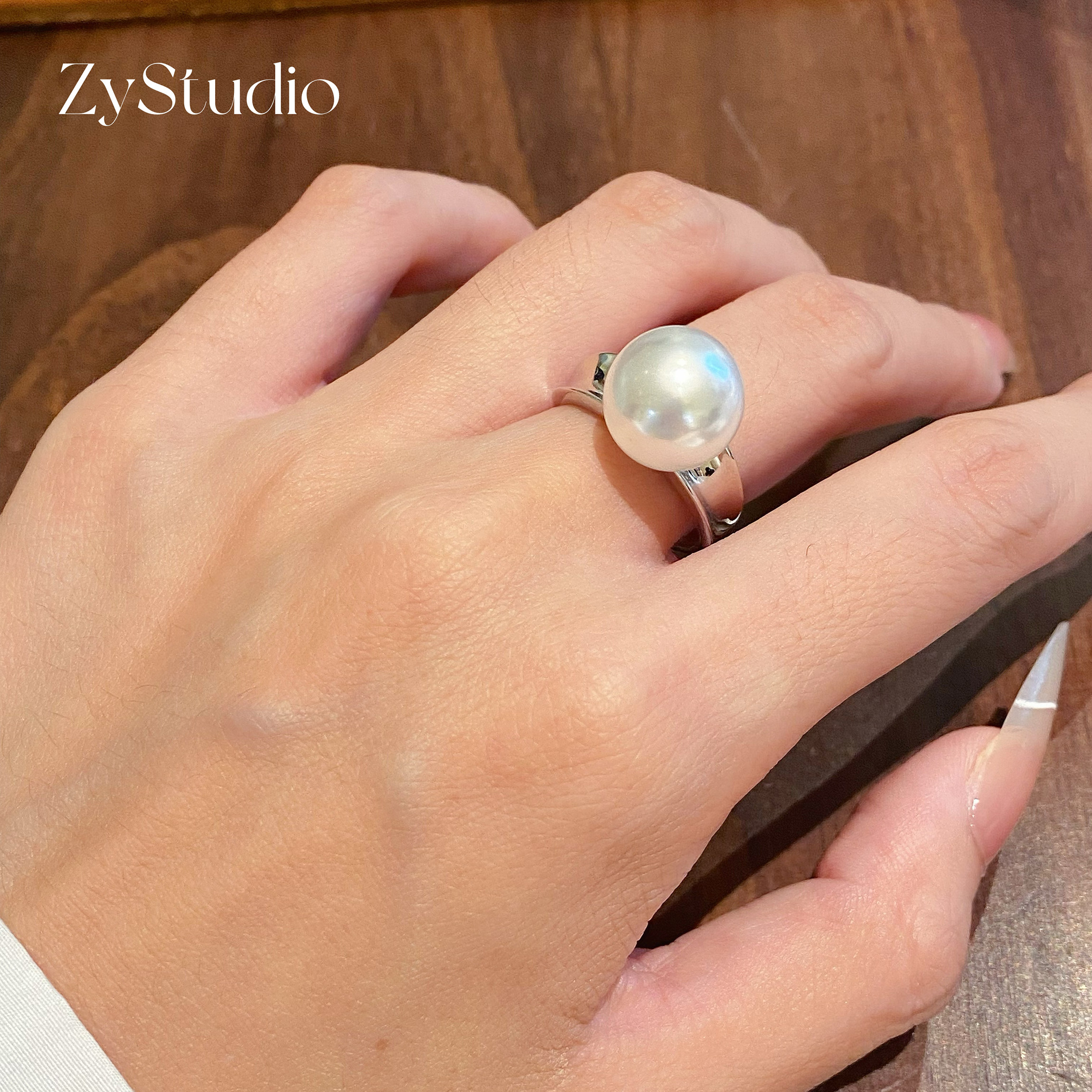 通体S925纯银人造澳白珍珠指环法式轻奢高级感开口戒小众设计戒指