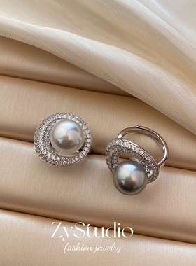 白月光时尚轻奢人造澳白珍珠戒指s925纯银小众设计师款爆款指环女