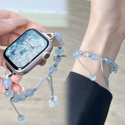 适用applewatch s9表带s8猫眼石蝴蝶s7苹果手表表带拉绳款iwatch串珠手链se女生款夏天腕带透蓝猫眼石s10表链