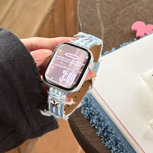 适用applewatch11表带iwatchs10/s9/s8/s7星星流苏条纹s11/10小香风se3女款华强北ultra皮质46/42mm牛仔腕带