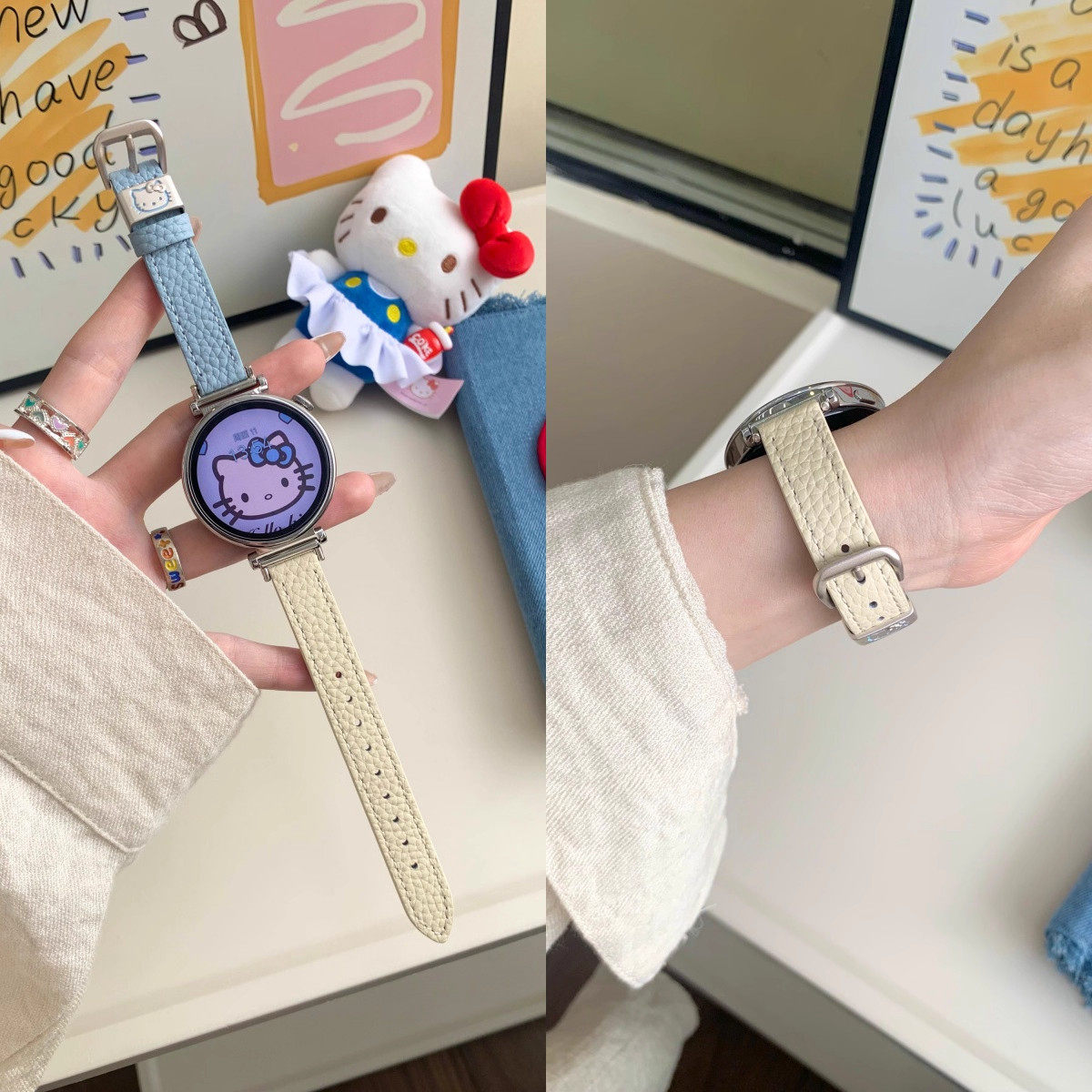 适用华米AmazfitGTR4/Bip5可爱KT猫拼色表带Balance2手链GTR2/4小众真皮GTS2/4mini小香风女款荔枝纹皮质腕带,智能设备,智能手表手环表带/腕带,淘宝优惠券,粉丝福利购,淘宝优惠卷