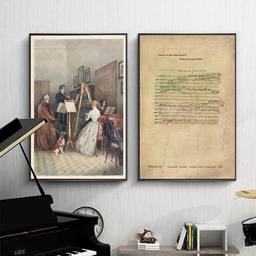 肖邦手稿琴谱音乐装饰画钢琴背景墙摆画客厅挂画文艺覆古油画壁画