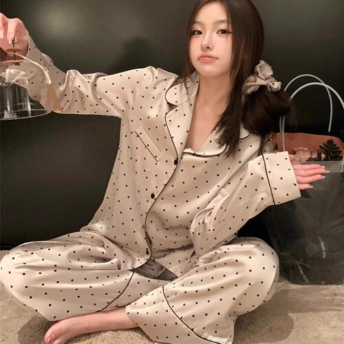 法国Gentle Motto冰丝波点简约睡衣女5春秋新法式甜美长袖长裤
