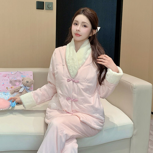 法国Gentle Motto三层夹棉珊瑚绒睡衣女款秋冬加绒加厚新中式国风