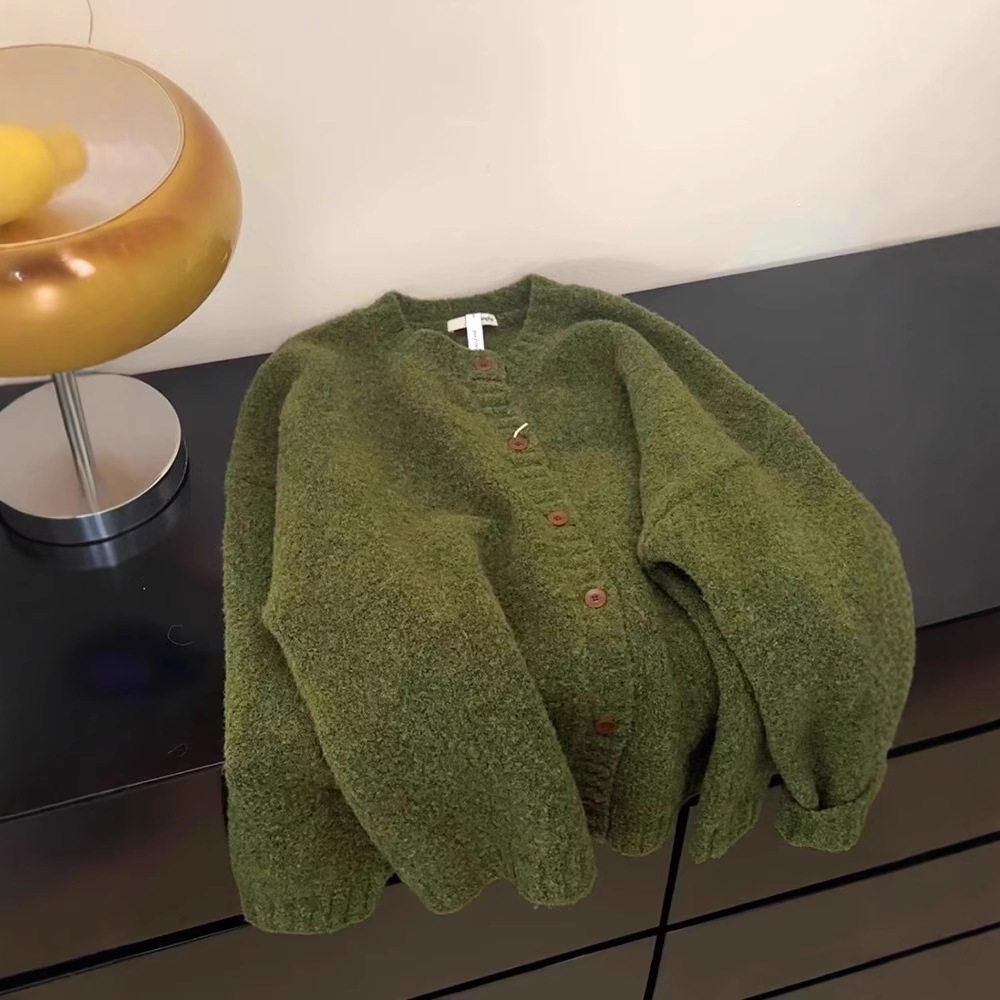 法国CherryKoko复古绿色针织开衫外套女秋冬加厚慵懒高级感软糯