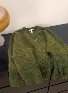 法国CherryKoko复古绿色针织开衫外套女秋冬加厚慵懒高级感软糯