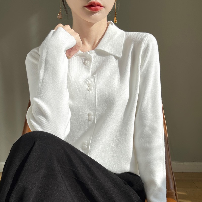 日系cherrykoko春夏精纺羊毛新款女polo翻领气质针织开衫衬衣休闲