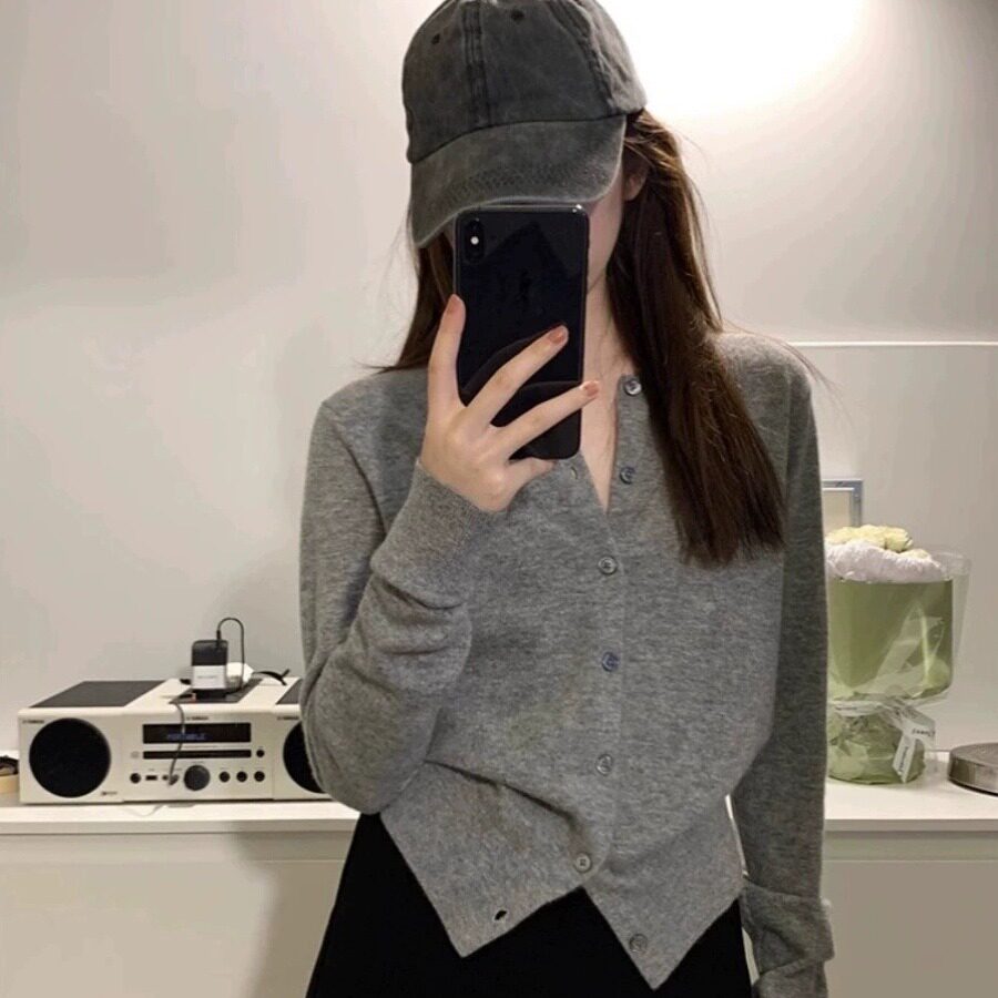 日系cherrykoko春秋款圆领开衫女针织短款毛衣外套羊毛衫圆领宽松