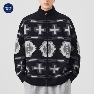 法国cherrykoko秋冬新款费尔岛针织毛衫男士宽松开衫几何提花