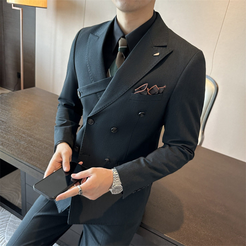 法国CherryKoko咖色双排扣西装男套装英伦修身男士大码西服