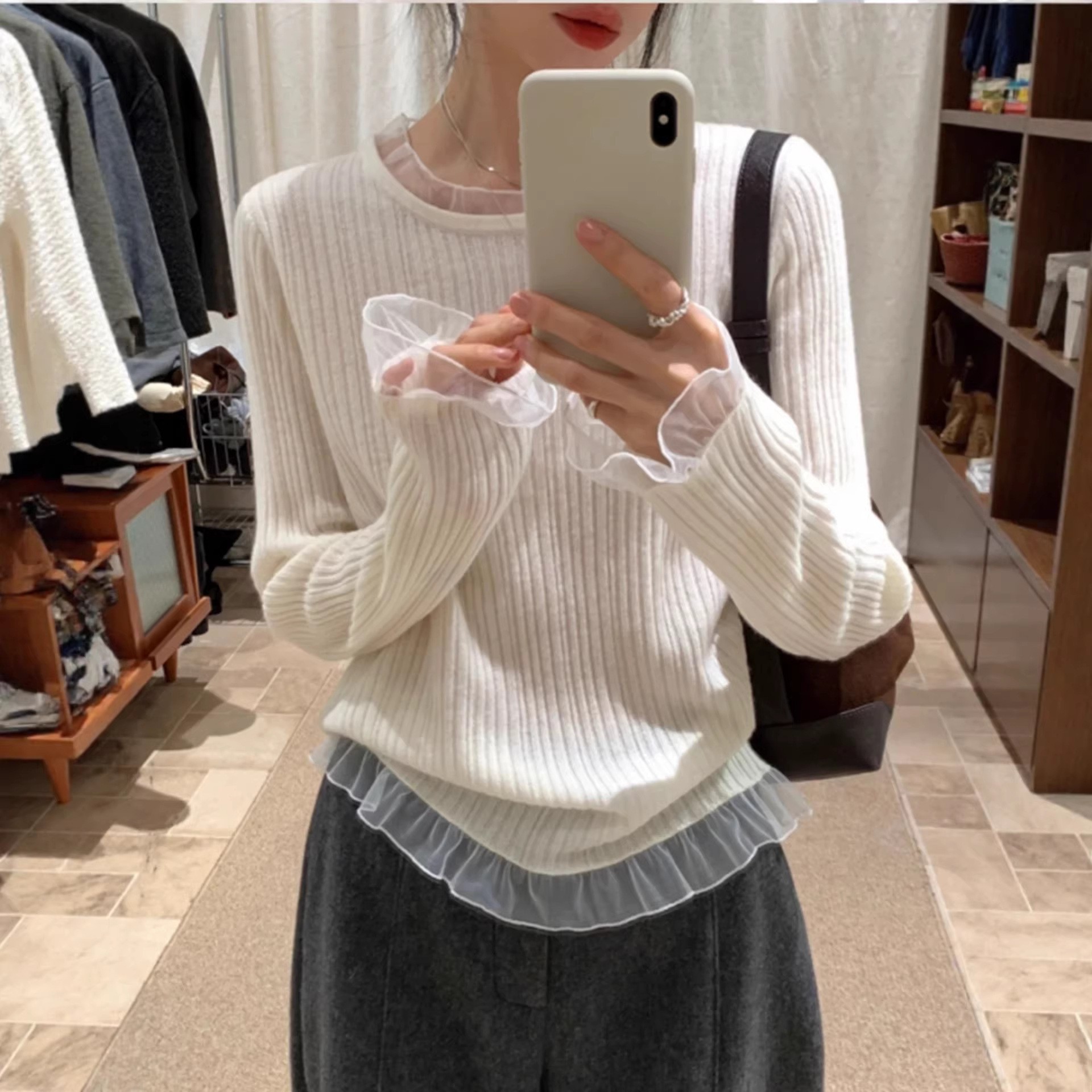 日系CherryKoko设计感小众木耳蕾丝边春秋针织衫女羊毛新款圆领