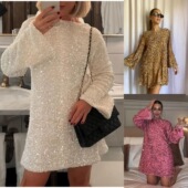 圆领长袖 Round 宽松亮片连衣裙 short dress欧美女装 neck sequin