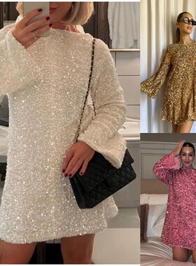 Round neck sequin short dress欧美女装圆领长袖宽松亮片连衣裙