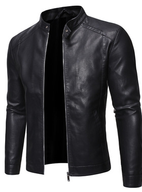 Men's leather motorcycle jacket纯色立领修身休闲皮夹克机车男
