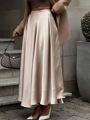 女士高腰纯色垂感缎面半身裙