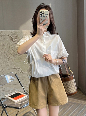 Women's elastic waist wide leg capris 女纯色松紧腰阔腿五分裤