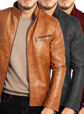 Stand up punk leather jacket纯色男士修身立领朋克机车皮衣夹克