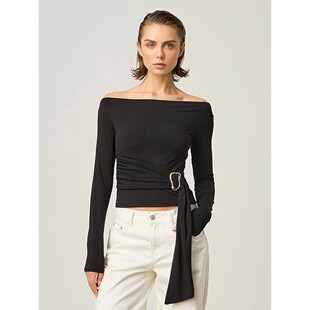 欧美风斜肩露肩长袖T恤女黑色收腰百搭上衣 Off-shoulder T-shirt