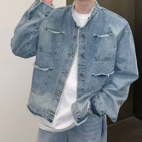 男士做旧毛边宽松休闲夹克