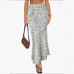 Leopard print skirt缎面豹纹高腰气质通勤显瘦A字包臀半身裙女士