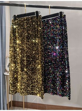 Women's split sequin wrap hip skirt女士开叉亮片包臀半身长裙
