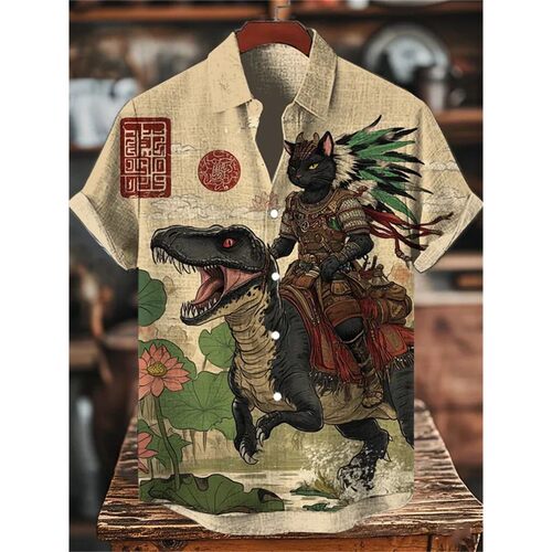 男翻领休闲卡通印花短袖衬衫Men's casual cartoon printed shirt