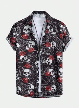 大码骷髅印花海滩休闲短袖衬衫