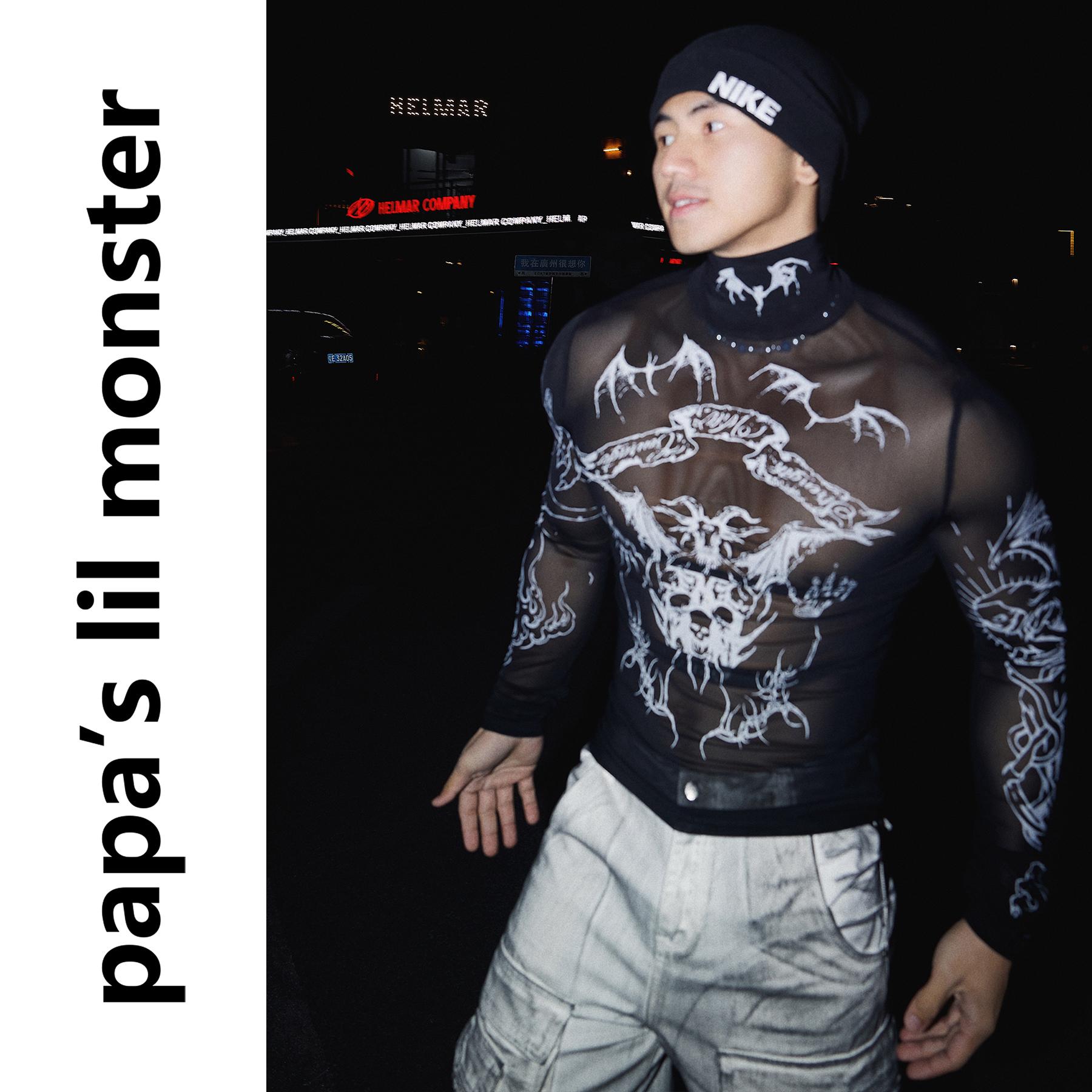 PAPASLILMONSTER亚文化摇滚暗黑印花刺青复古哥特T恤紧身上衣男女