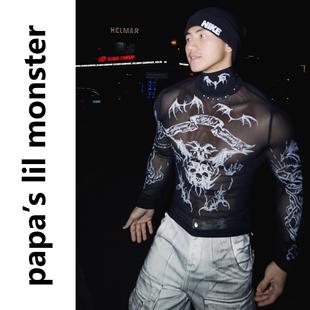 PAPASLILMONSTER亚文化摇滚暗黑印花刺青复古哥特T恤紧身上衣男女